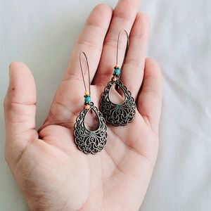 Boho Artsy Vintage Brass Patina Dangle Green Filigree Drop Earrings